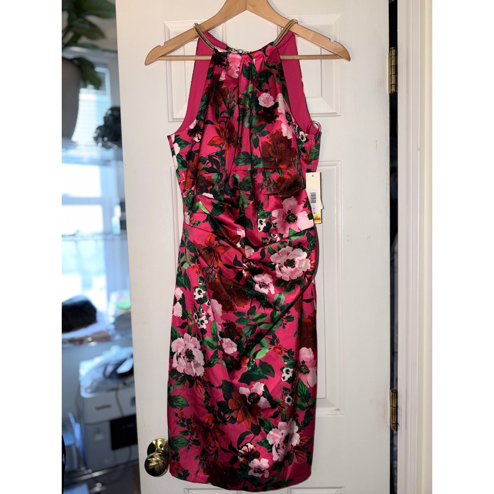 Eliza J Floral Sheath Dress Womens Size 6 Pink Good Halter Neck Gold Chain Satin
